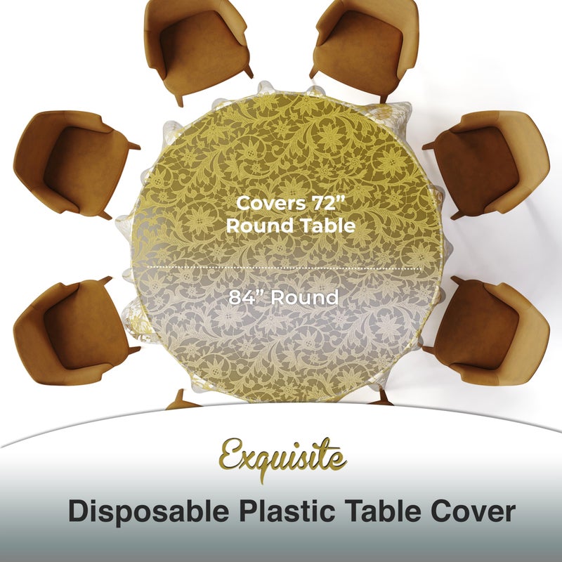 Exquisite Lace Table Cloth Round Table Plastic 12-Pack Lace Tablecloth Round 84" | Clear & Gold Floral Tablecloth Disposable | Wild Flower Party Decorations & Party Supplies - Image 3
